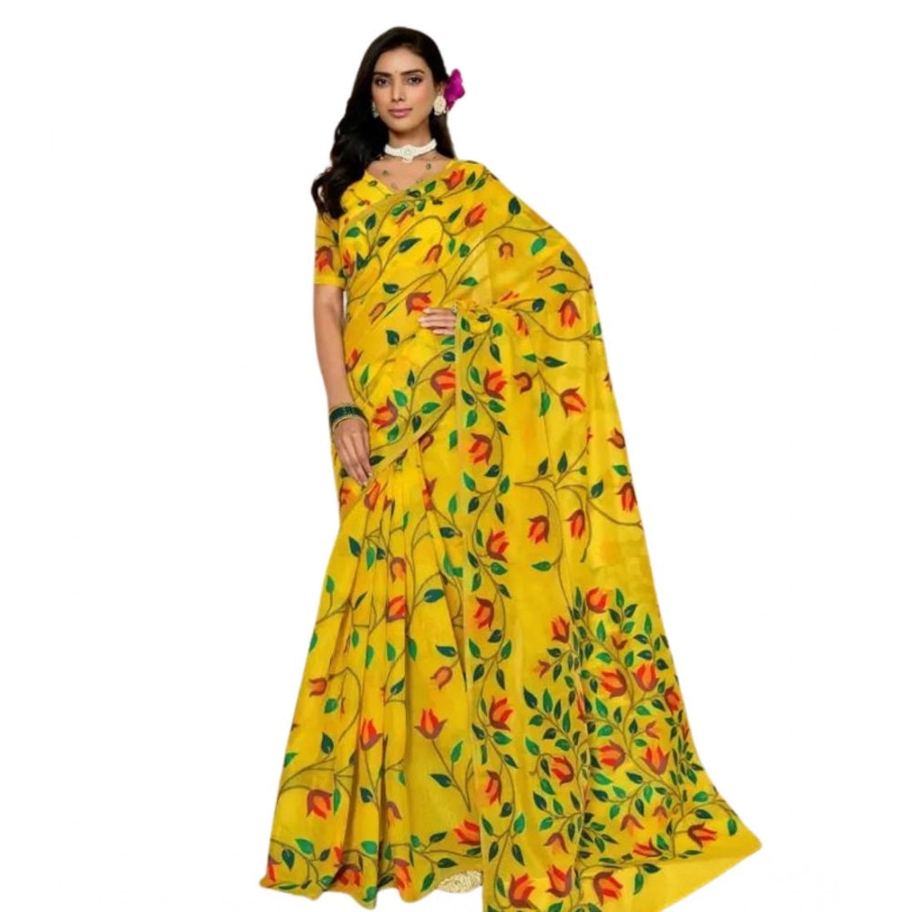 Women's Georgette Printed Saree With Unstitched Blouse 5.5Mtr闁?Yellow)