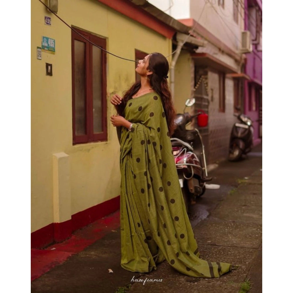 Women's Linen Printed Saree With Unstitched Blouse 5.5Mtr闁?Green)