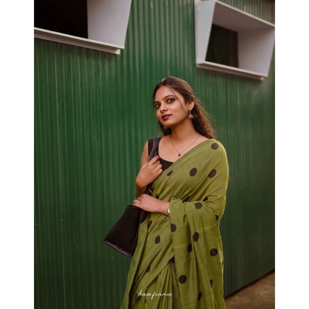 Women's Linen Printed Saree With Unstitched Blouse 5.5Mtr闁?Green)
