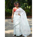 Women's Linen Printed Saree With Unstitched Blouse 5.5Mtr闁?White)