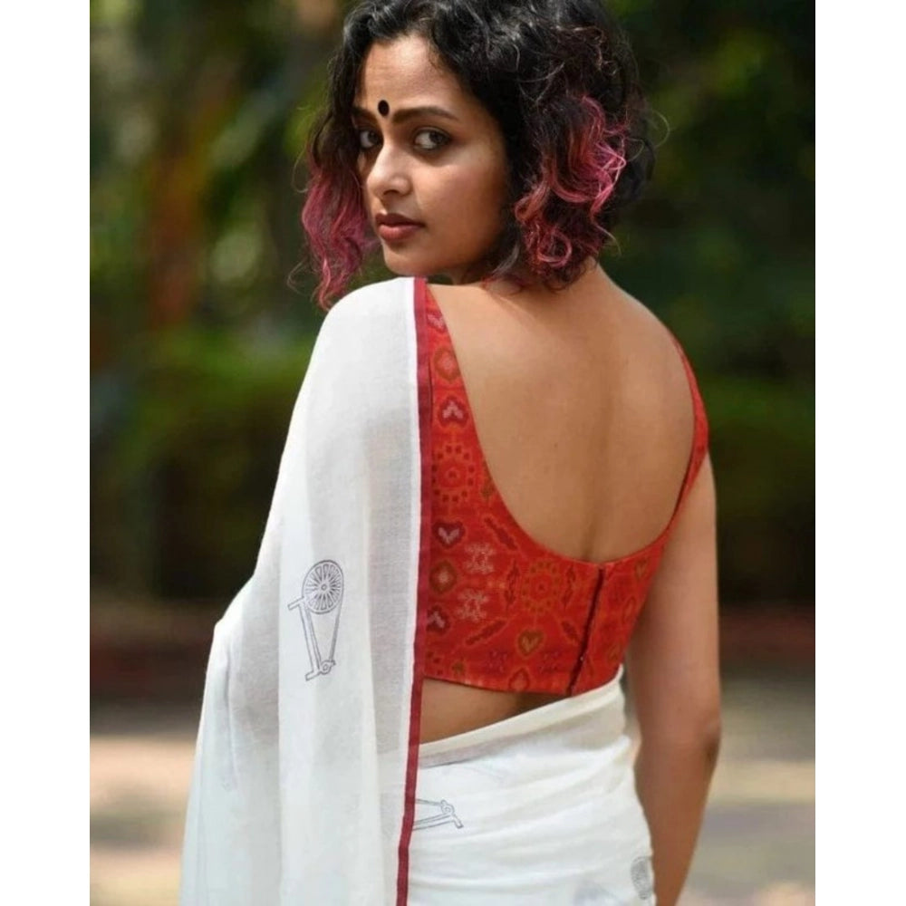 Women's Linen Printed Saree With Unstitched Blouse 5.5Mtr闁?White)