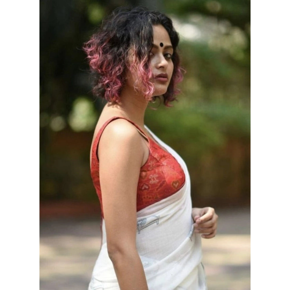 Women's Linen Printed Saree With Unstitched Blouse 5.5Mtr闁?White)