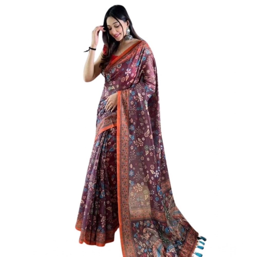 Women's Linen Printed Saree With Unstitched Blouse 5.5Mtr闁?Brown)