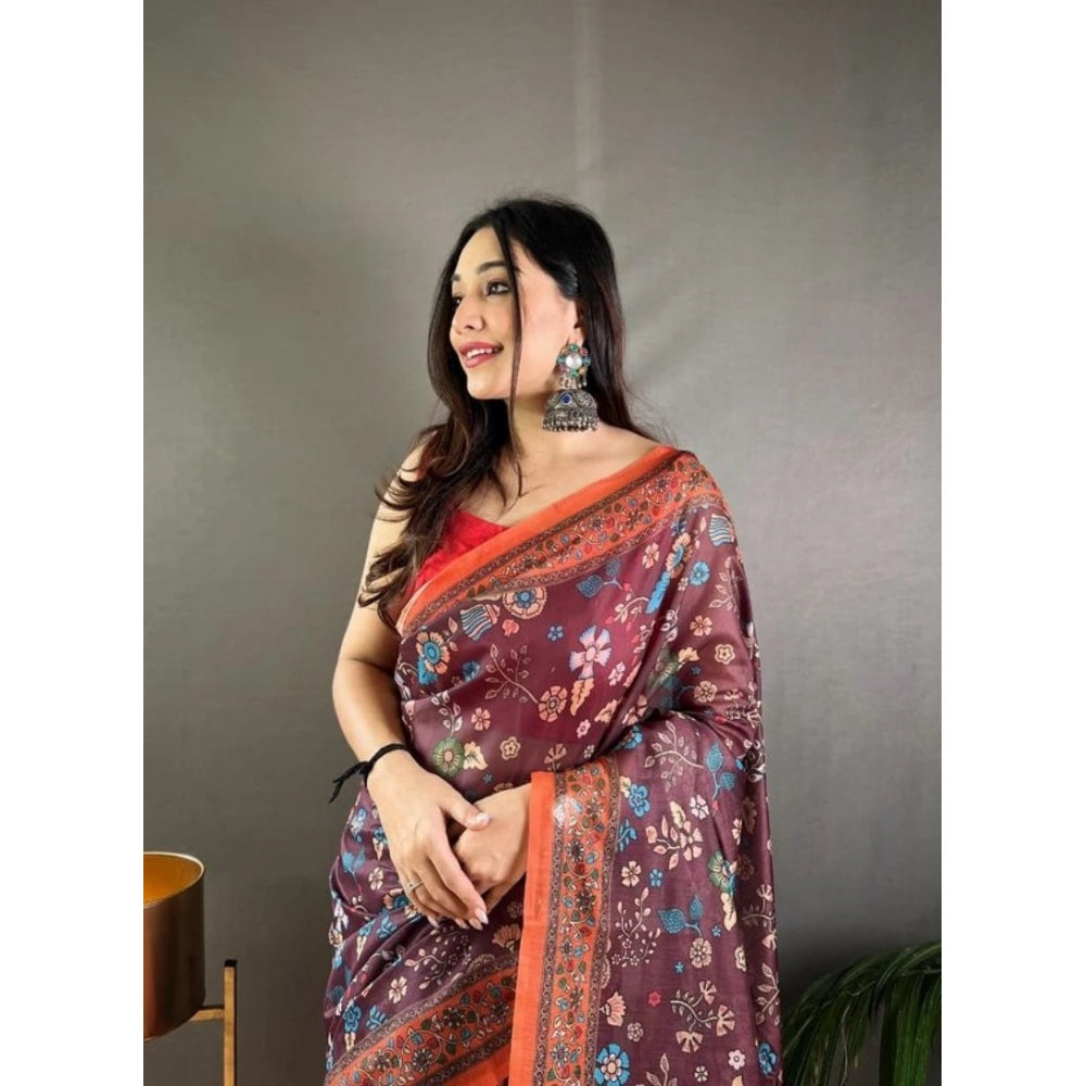 Women's Linen Printed Saree With Unstitched Blouse 5.5Mtr闁?Brown)