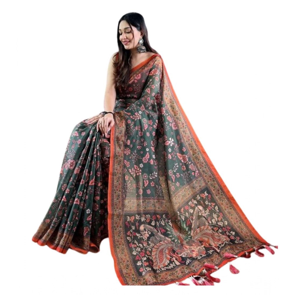 Women's Linen Printed Saree With Unstitched Blouse 5.5Mtr闁?Green)