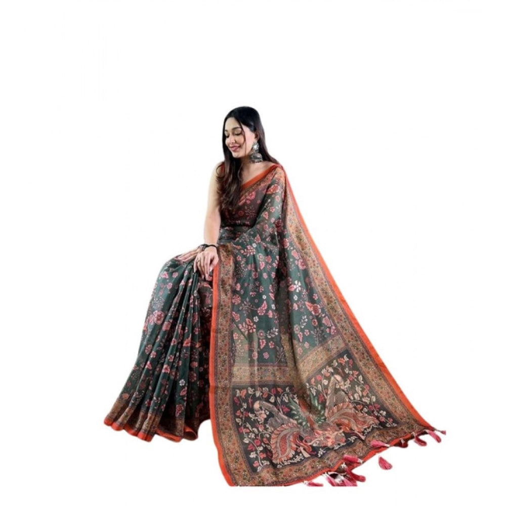 Women's Linen Printed Saree With Unstitched Blouse 5.5Mtr闁?Green)
