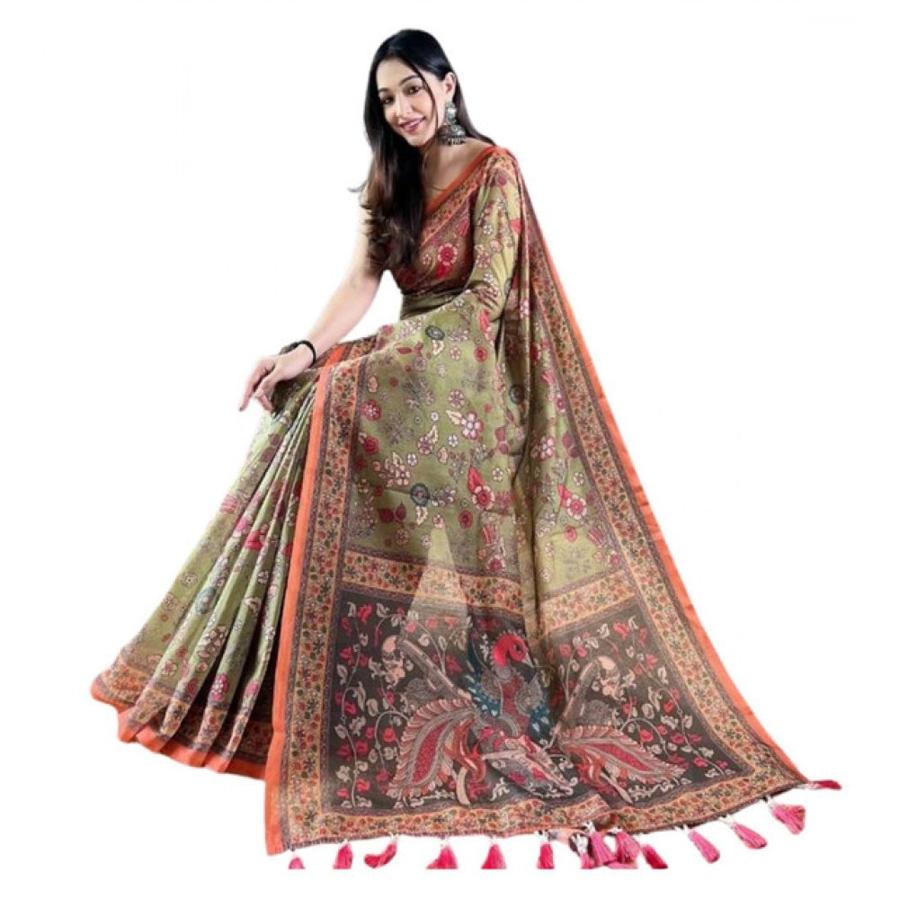 Women's Linen Printed Saree With Unstitched Blouse 5.5Mtr闁?Sea Green)