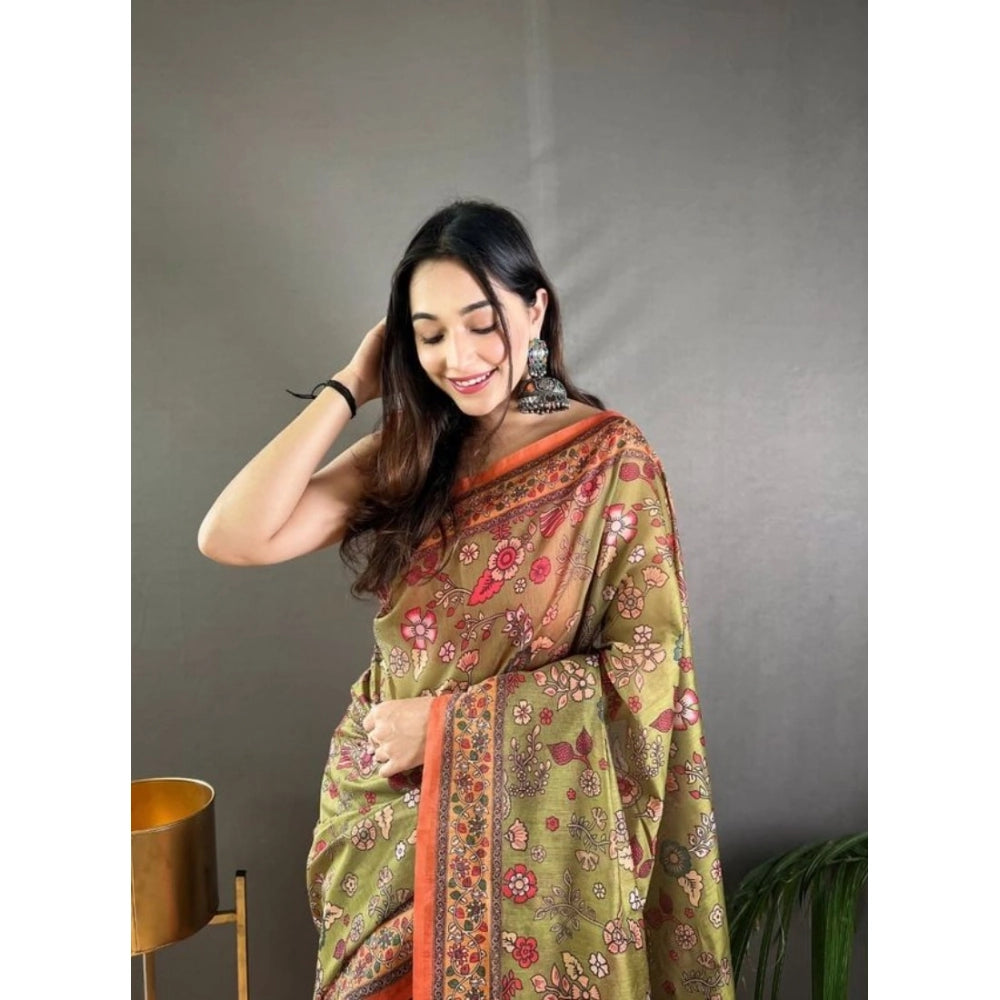 Women's Linen Printed Saree With Unstitched Blouse 5.5Mtr闁?Sea Green)