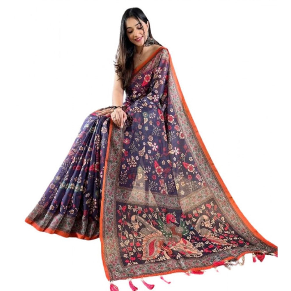 Women's Linen Printed Saree With Unstitched Blouse 5.5Mtr闁?Blue)