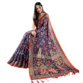 Women's Linen Printed Saree With Unstitched Blouse 5.5Mtr闁?Blue)