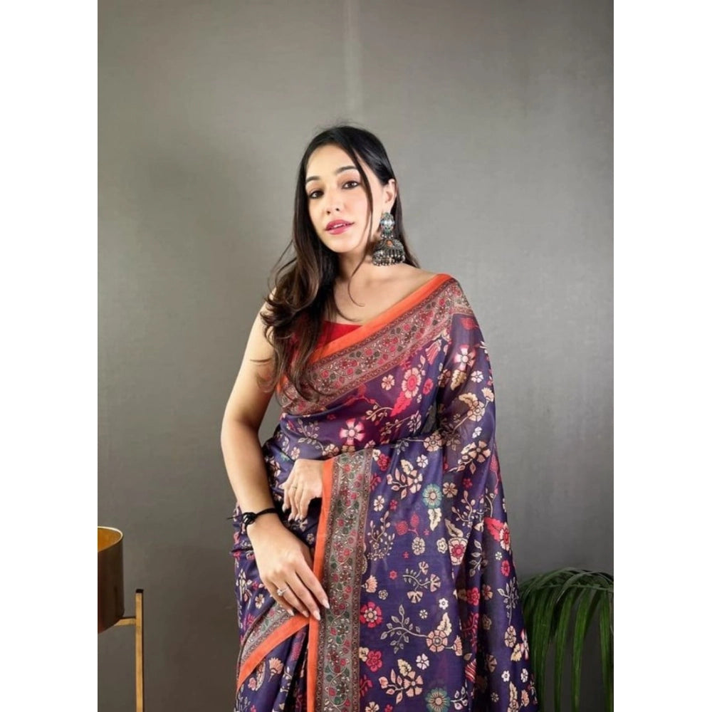Women's Linen Printed Saree With Unstitched Blouse 5.5Mtr闁?Blue)