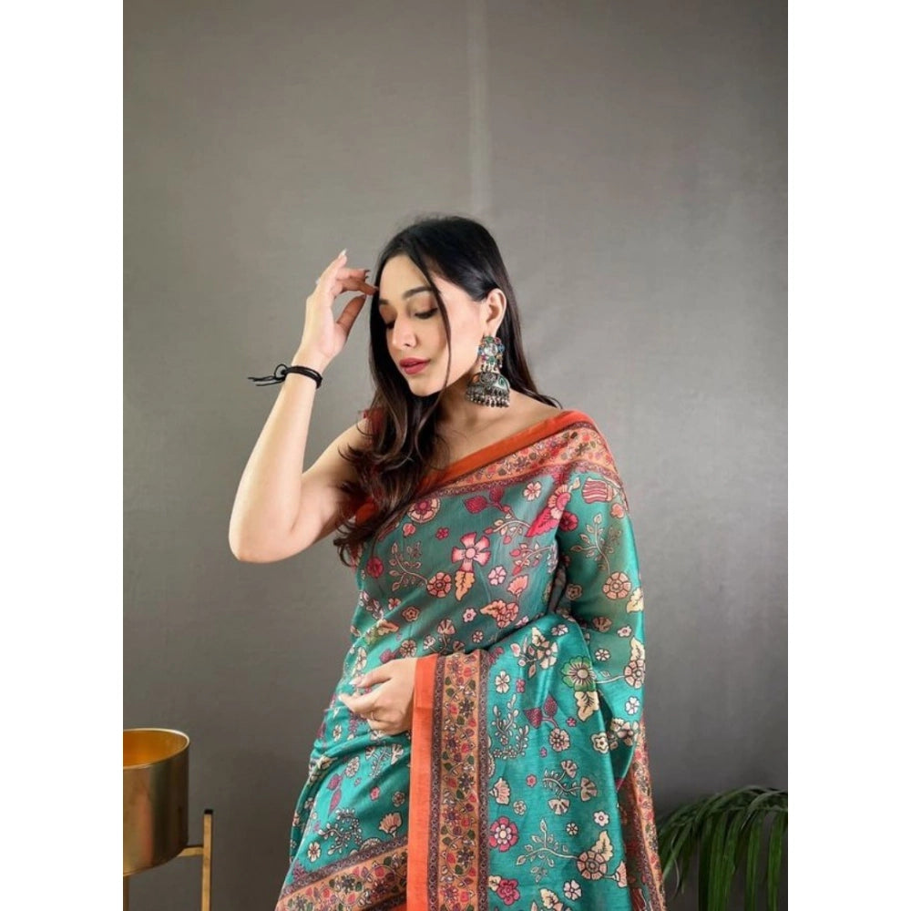 Women's Linen Printed Saree With Unstitched Blouse 5.5Mtr闁?Olive)