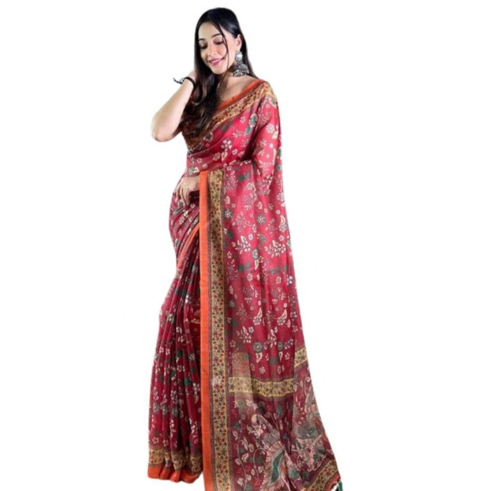 Women's Linen Printed Saree With Unstitched Blouse 5.5Mtr闁?Red)