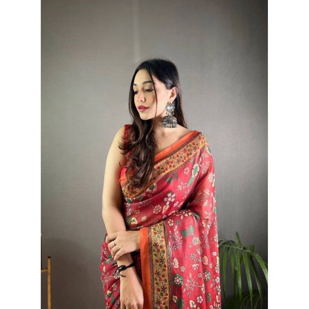 Women's Linen Printed Saree With Unstitched Blouse 5.5Mtr闁?Red)