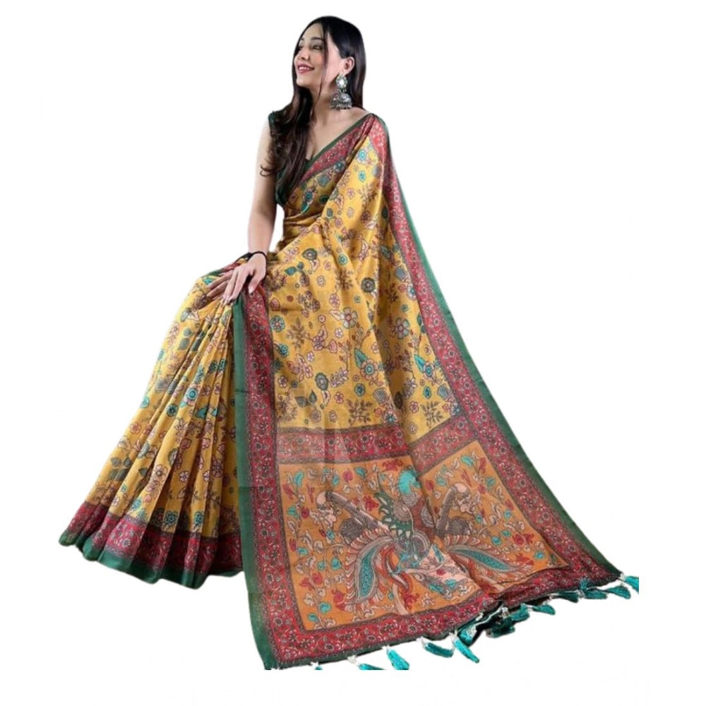Women's Linen Printed Saree With Unstitched Blouse 5.5Mtr闁?Yellow)