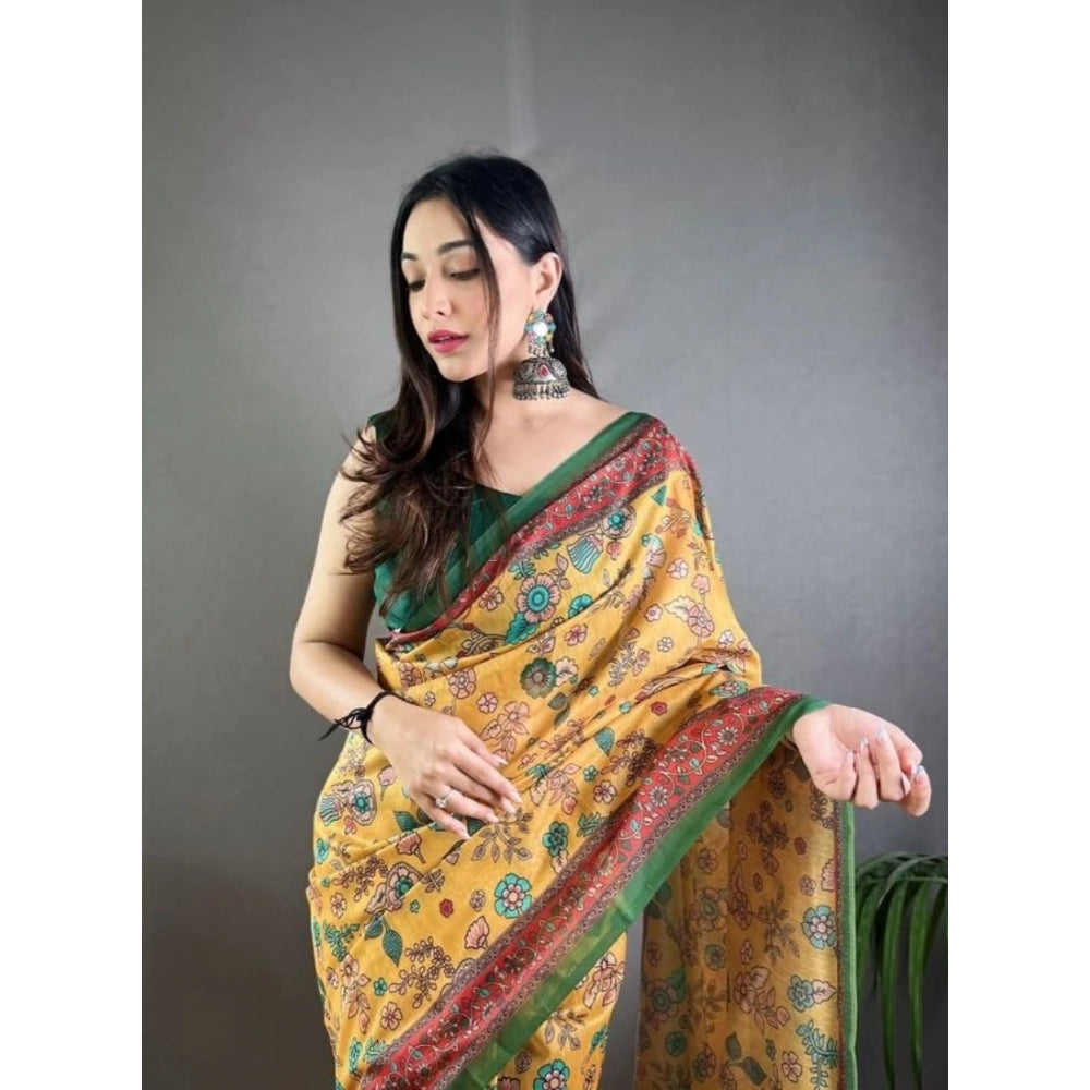 Women's Linen Printed Saree With Unstitched Blouse 5.5Mtr闁?Yellow)