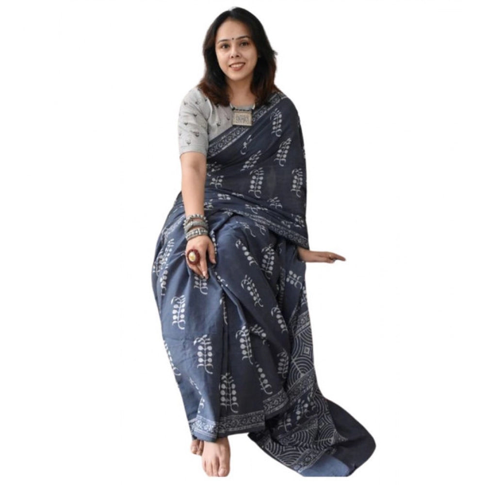Women's Linen Printed Saree With Unstitched Blouse 5.5Mtr闁?Grey)