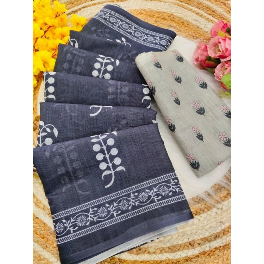 Women's Linen Printed Saree With Unstitched Blouse 5.5Mtr闁?Grey)
