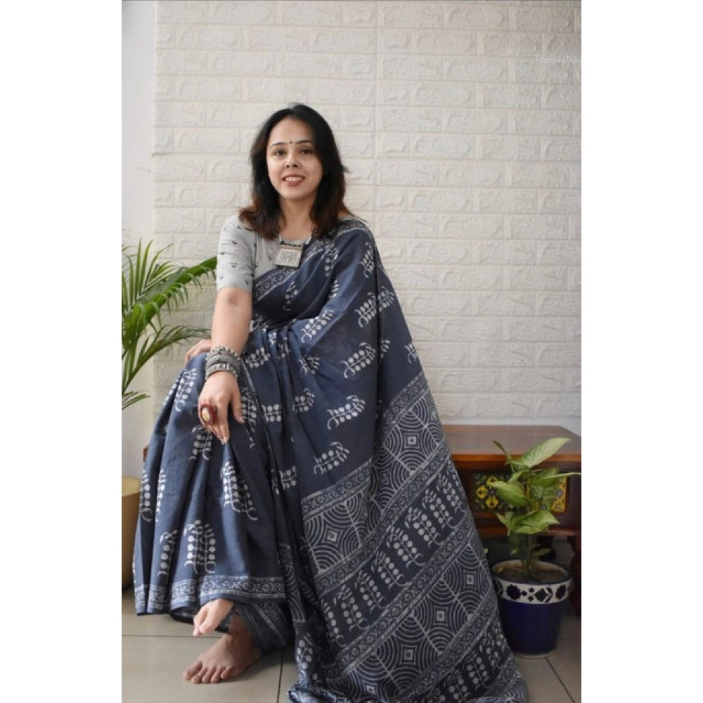 Women's Linen Printed Saree With Unstitched Blouse 5.5Mtr闁?Grey)