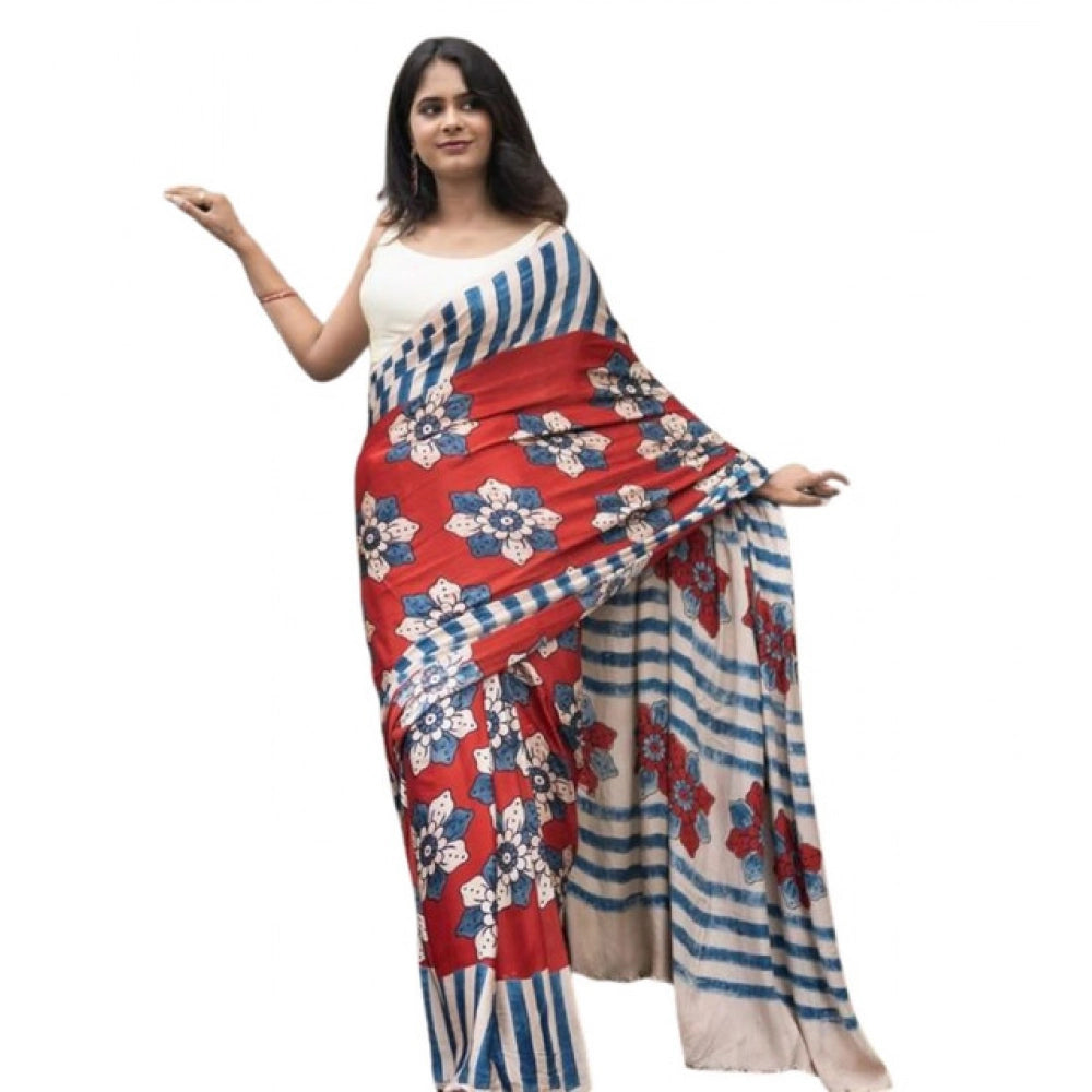 Women's Linen Printed Saree With Unstitched Blouse 5.5Mtr闁?Red)