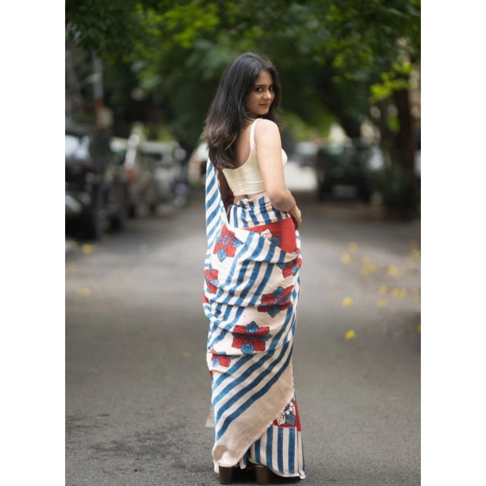Women's Linen Printed Saree With Unstitched Blouse 5.5Mtr闁?Red)