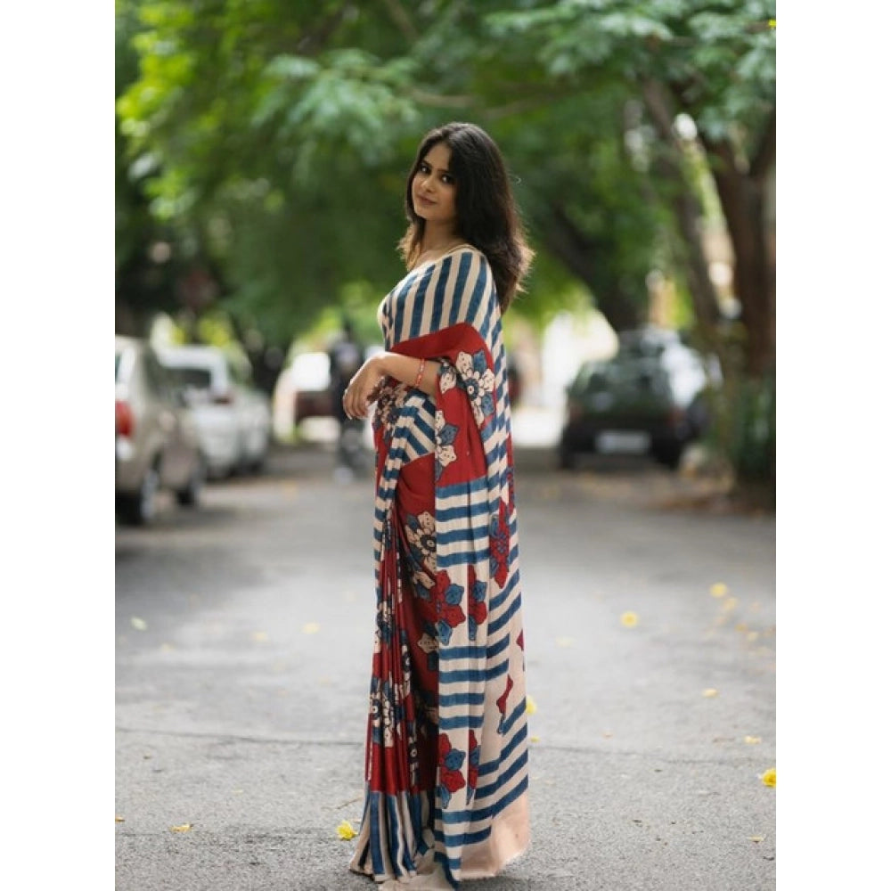 Women's Linen Printed Saree With Unstitched Blouse 5.5Mtr闁?Red)