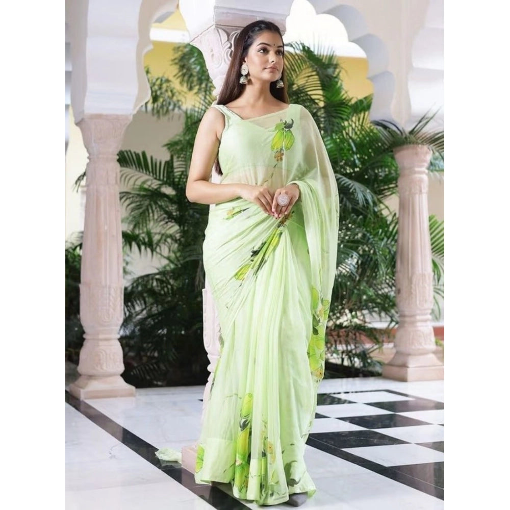 Women's Linen Printed Saree With Unstitched Blouse 5.5Mtr闁?Green)