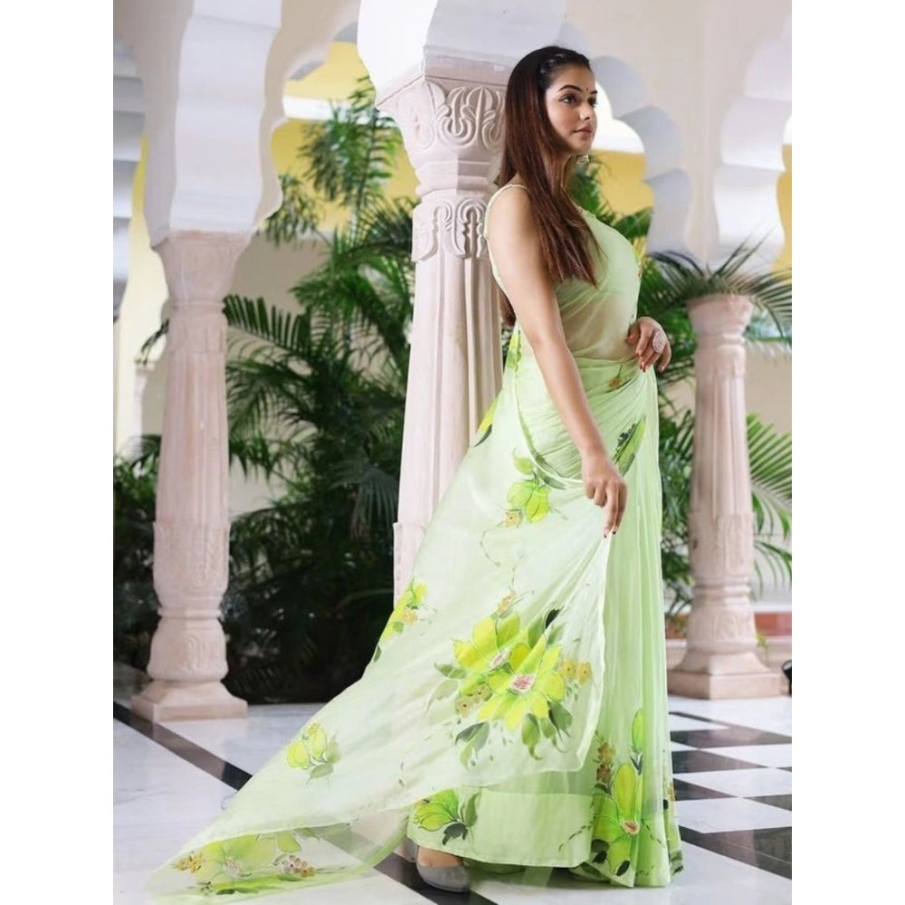 Women's Linen Printed Saree With Unstitched Blouse 5.5Mtr闁?Green)
