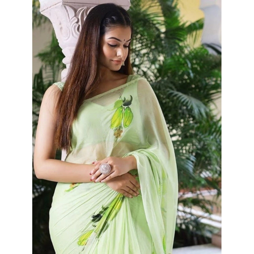 Women's Linen Printed Saree With Unstitched Blouse 5.5Mtr闁?Green)