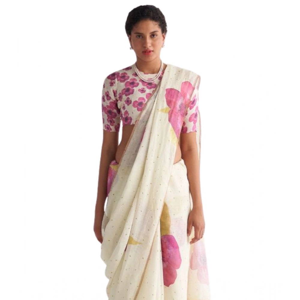 Women's Linen Printed Saree With Unstitched Blouse 5.5Mtr闁?White)