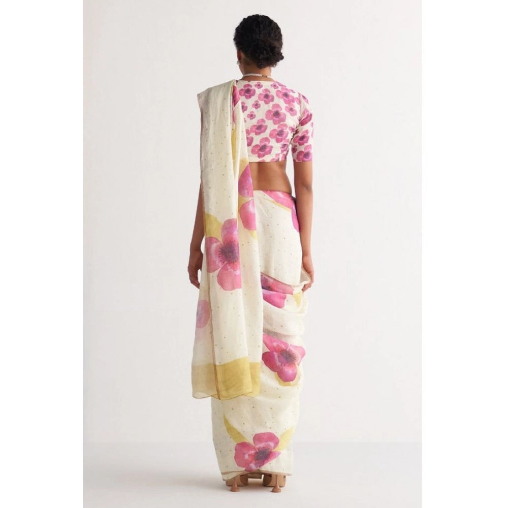 Women's Linen Printed Saree With Unstitched Blouse 5.5Mtr闁?White)