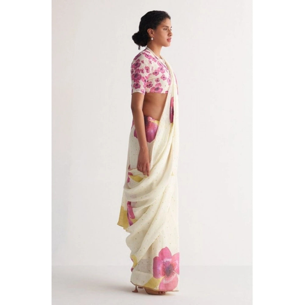 Women's Linen Printed Saree With Unstitched Blouse 5.5Mtr闁?White)