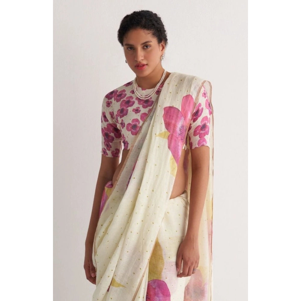 Women's Linen Printed Saree With Unstitched Blouse 5.5Mtr闁?White)