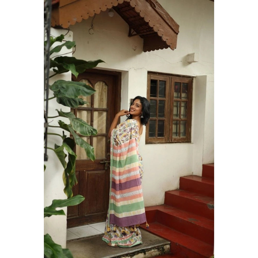 Women's Linen Printed Saree With Unstitched Blouse 5.5Mtr闁?Multicolor)