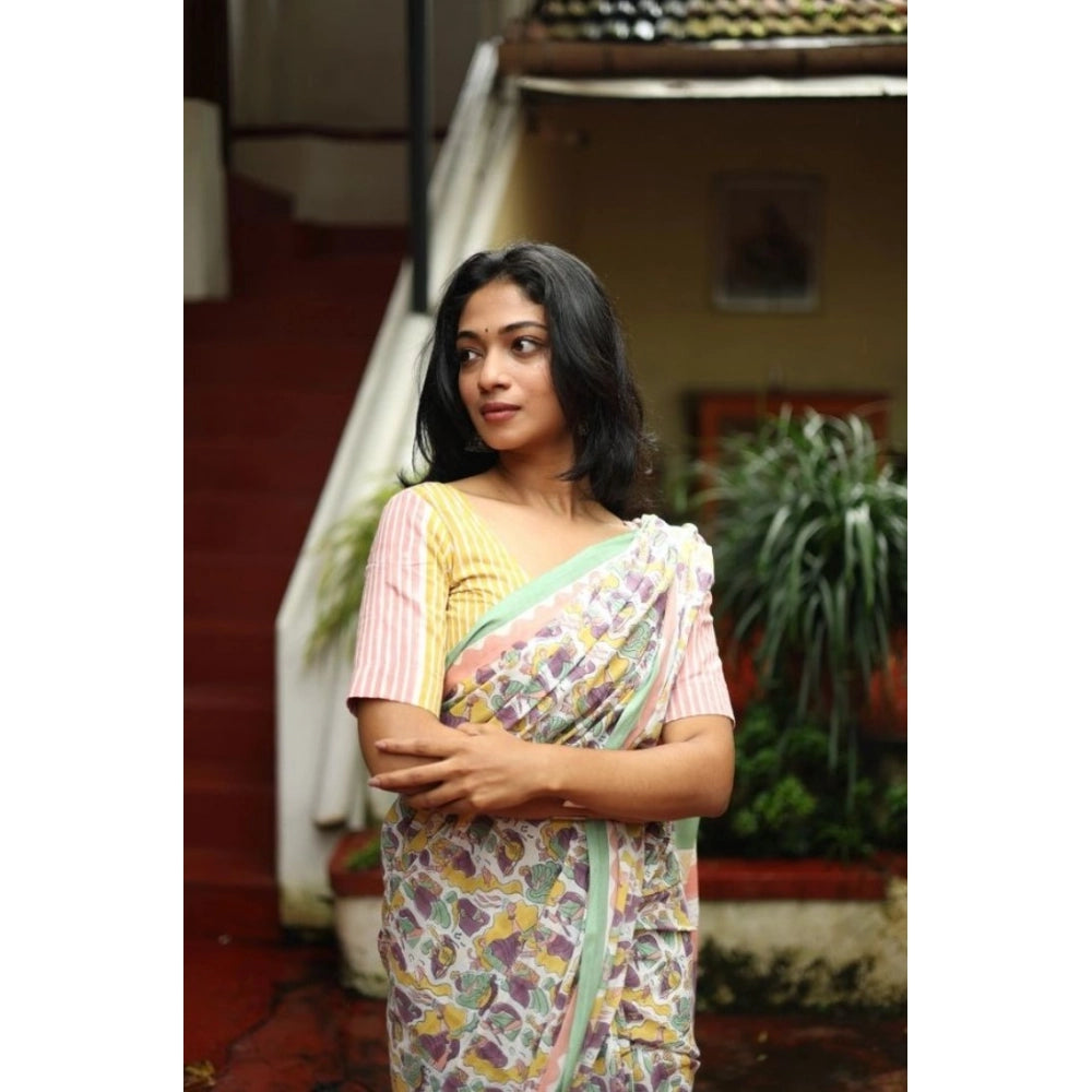 Women's Linen Printed Saree With Unstitched Blouse 5.5Mtr闁?Multicolor)