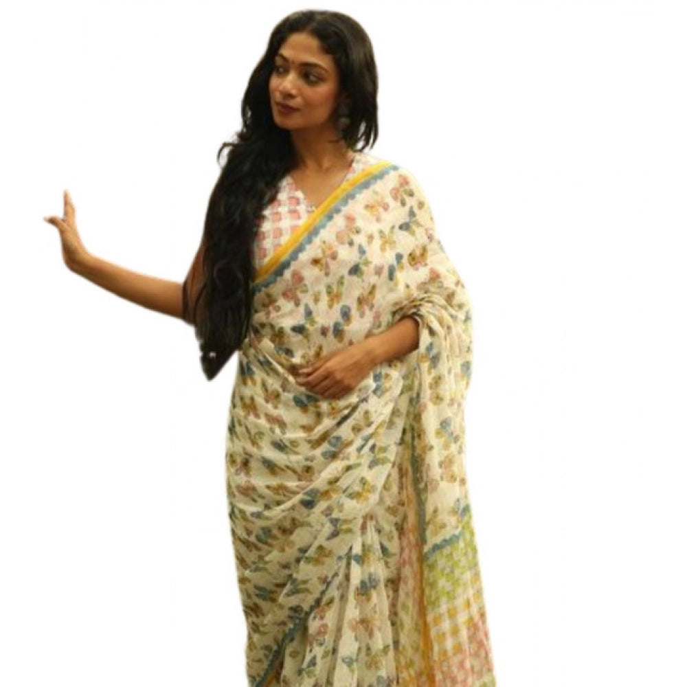 Women's Linen Printed Saree With Unstitched Blouse 5.5Mtr闁?White)