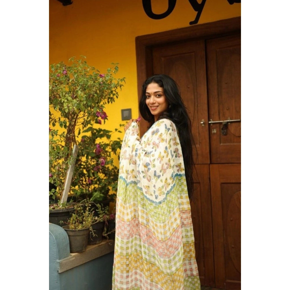 Women's Linen Printed Saree With Unstitched Blouse 5.5Mtr闁?White)