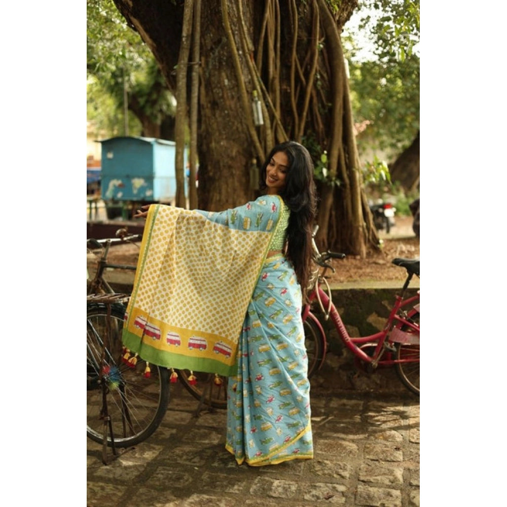 Women's Linen Printed Saree With Unstitched Blouse 5.5Mtr闁?Blue)