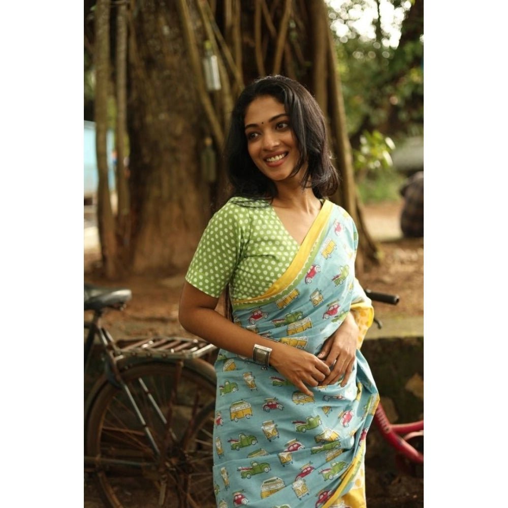 Women's Linen Printed Saree With Unstitched Blouse 5.5Mtr闁?Blue)
