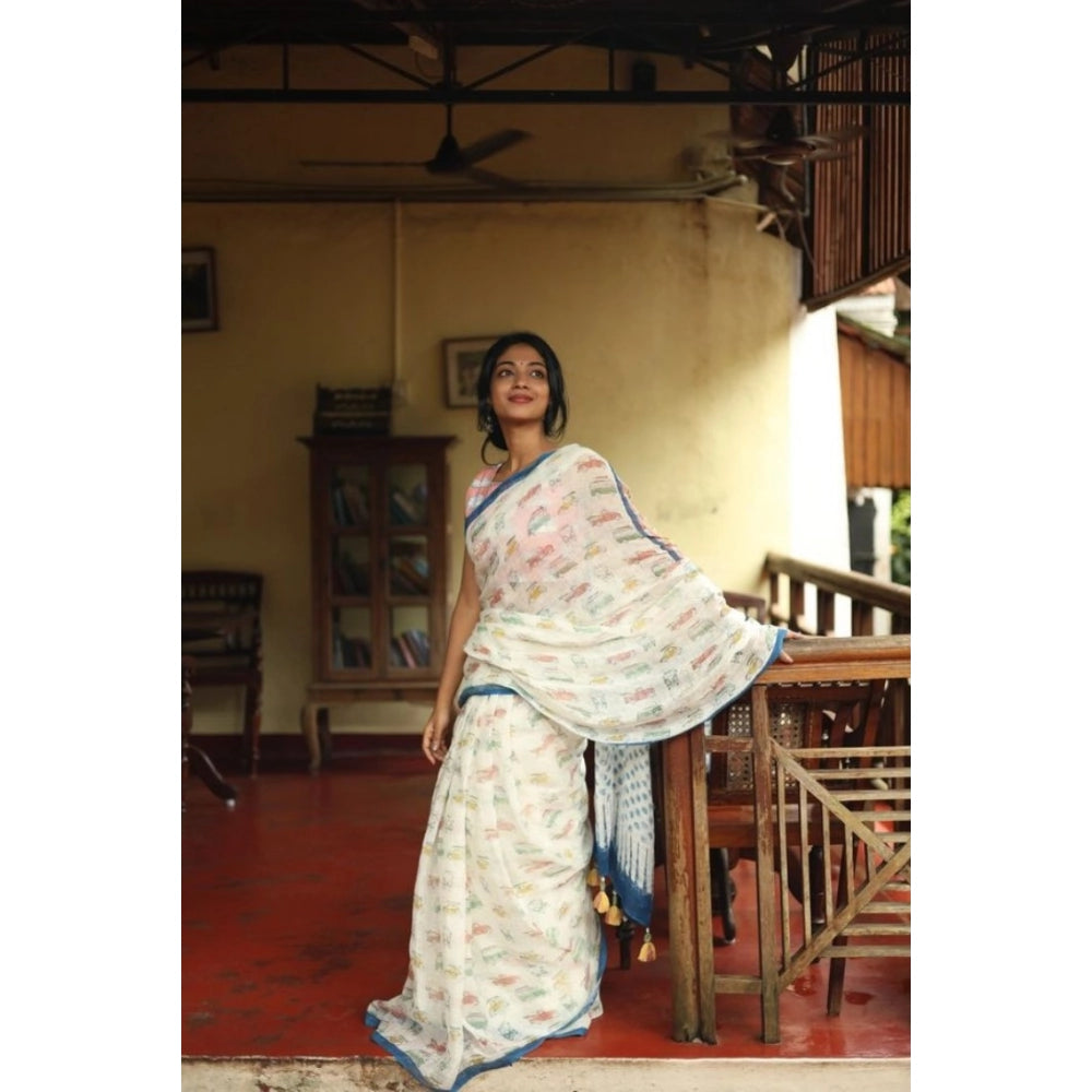 Women's Linen Printed Saree With Unstitched Blouse 5.5Mtr闁?White)