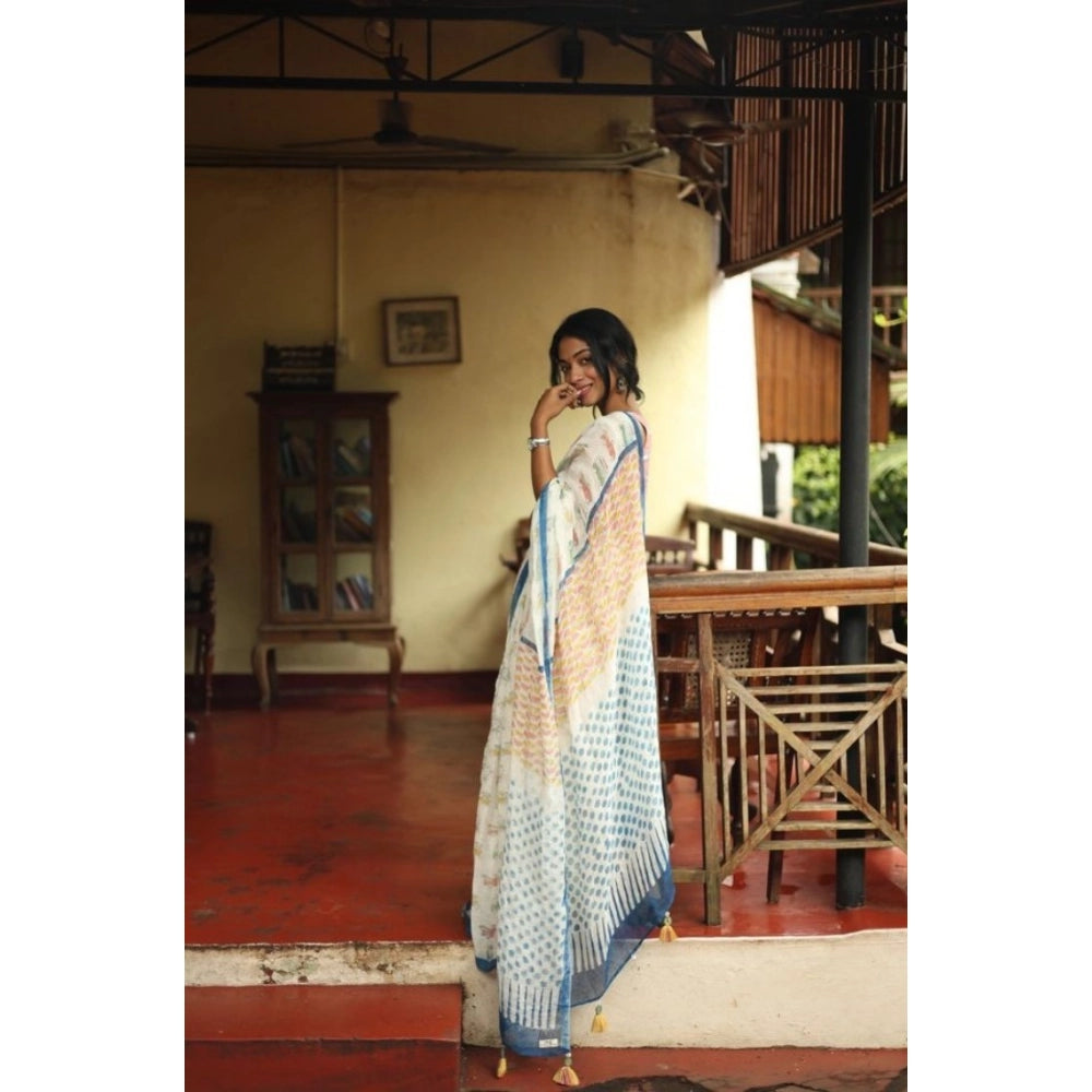 Women's Linen Printed Saree With Unstitched Blouse 5.5Mtr闁?White)
