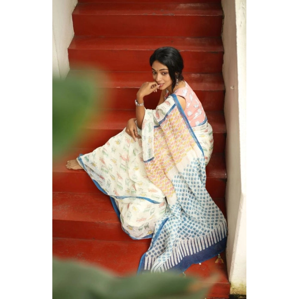 Women's Linen Printed Saree With Unstitched Blouse 5.5Mtr闁?White)