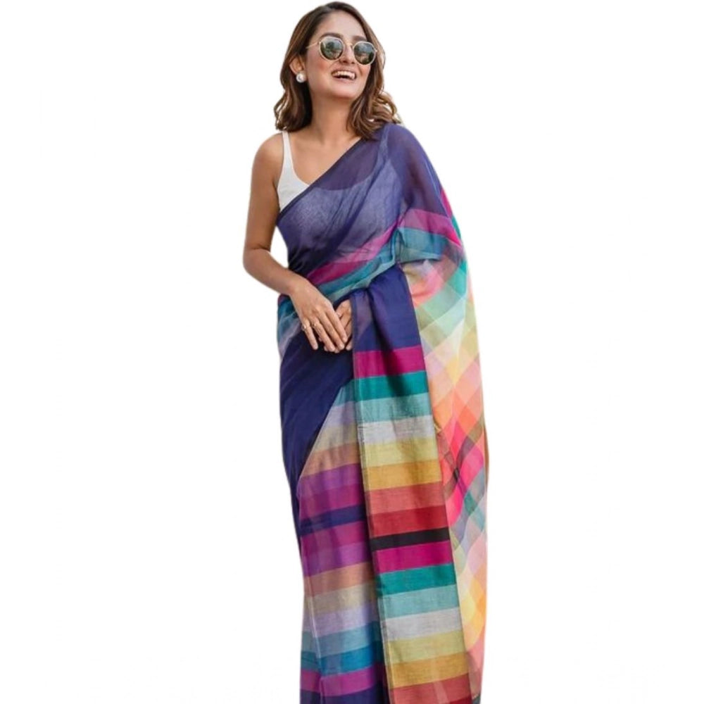Women's Linen Printed Saree With Unstitched Blouse 5.5Mtr闁?Navy)