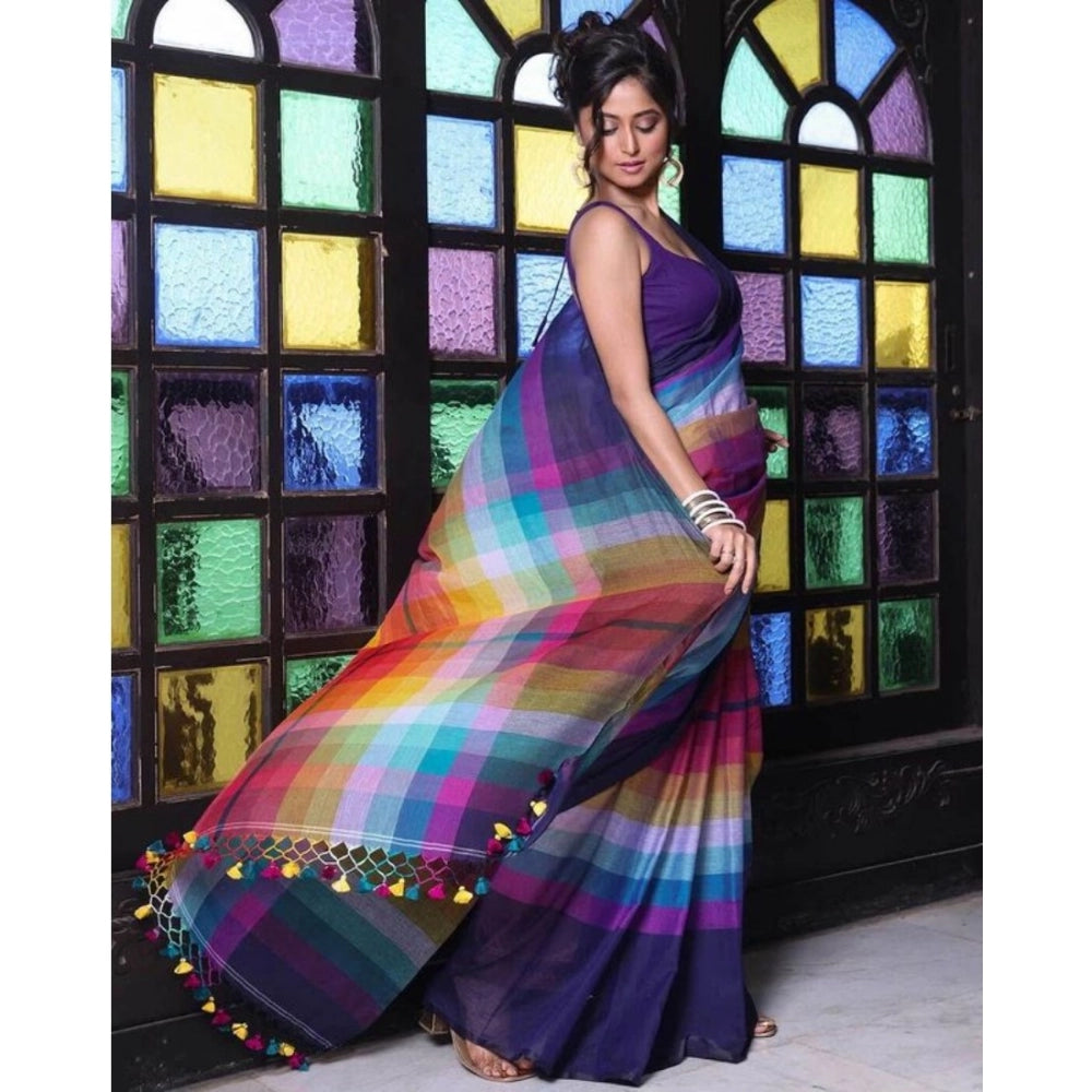 Women's Linen Printed Saree With Unstitched Blouse 5.5Mtr闁?Navy)