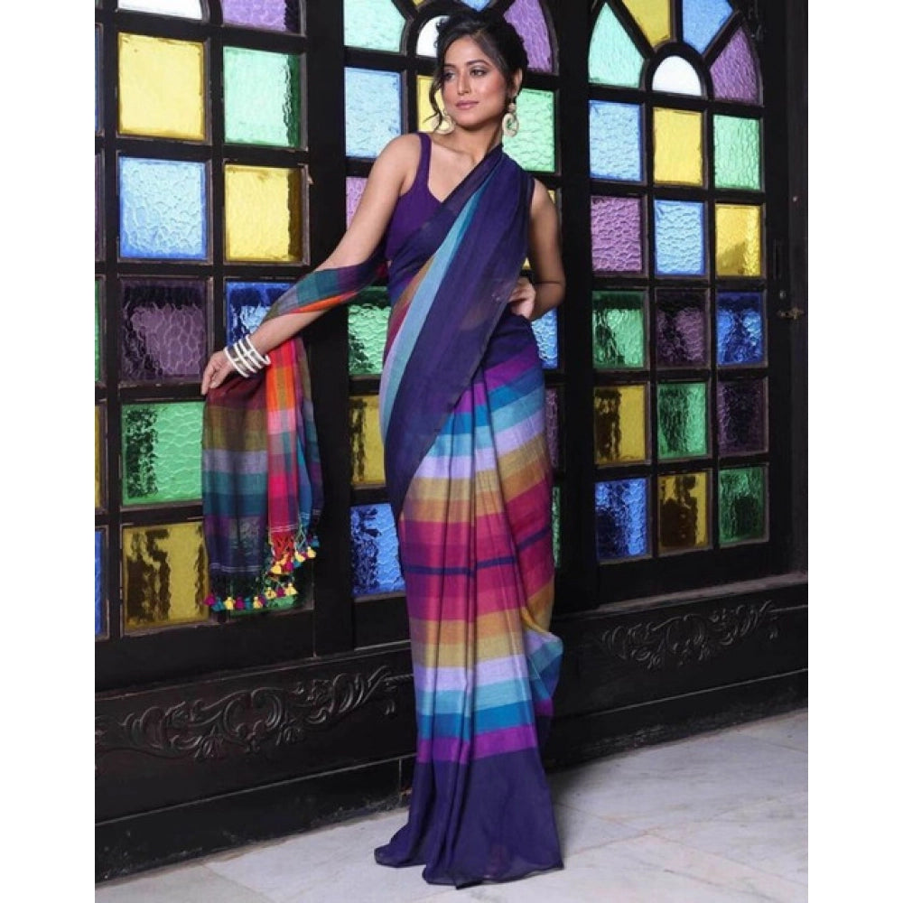 Women's Linen Printed Saree With Unstitched Blouse 5.5Mtr闁?Navy)