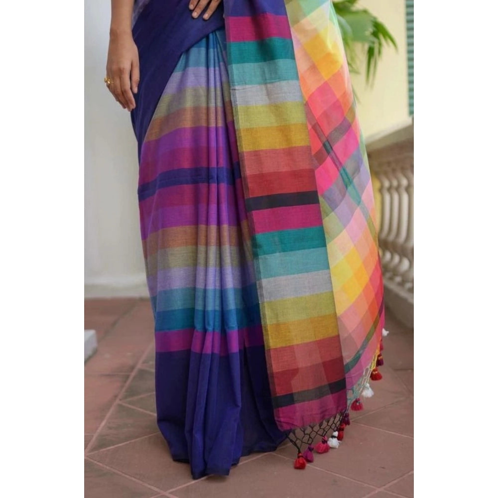 Women's Linen Printed Saree With Unstitched Blouse 5.5Mtr闁?Navy)