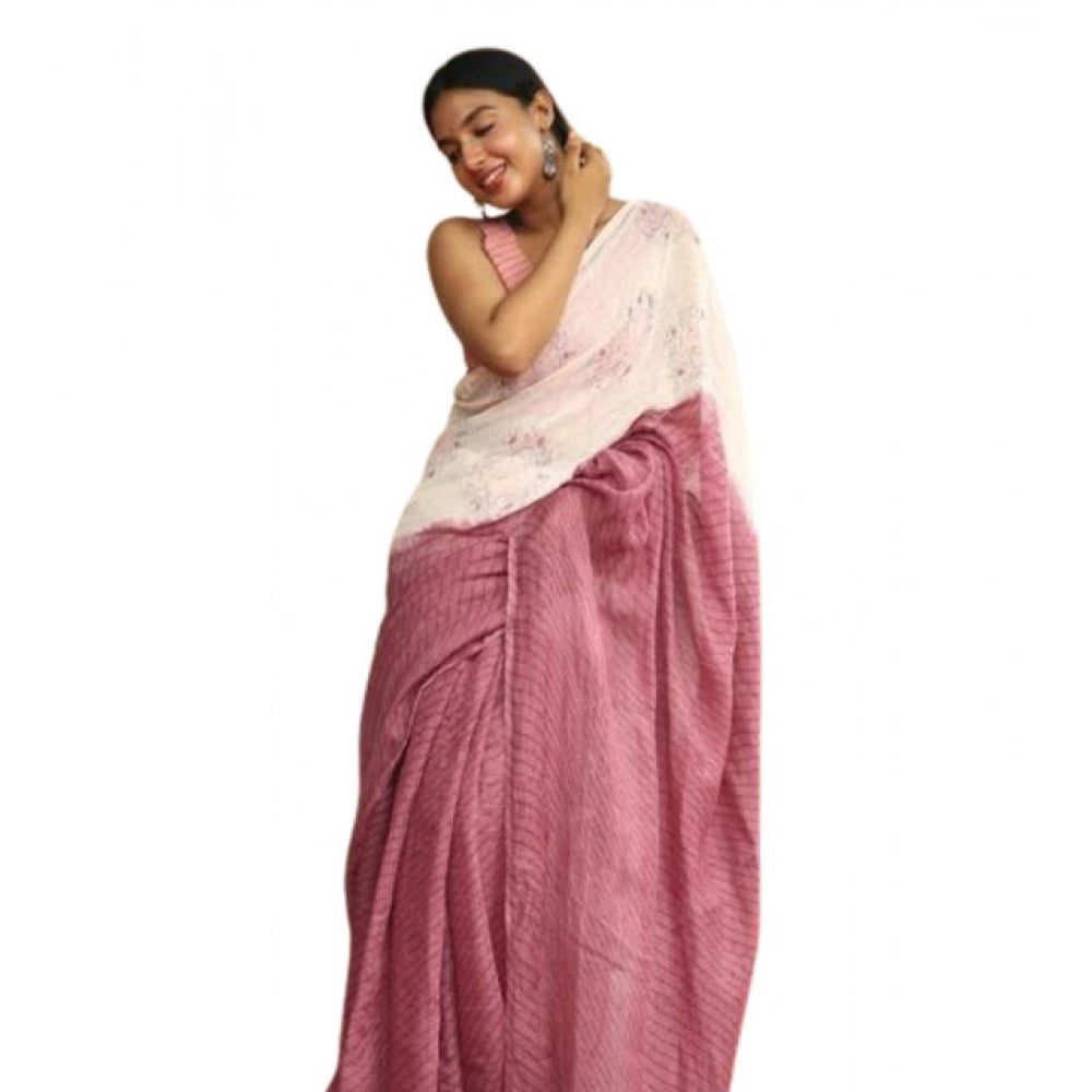 Women's Linen Printed Saree With Unstitched Blouse 5.5Mtr闁?White)