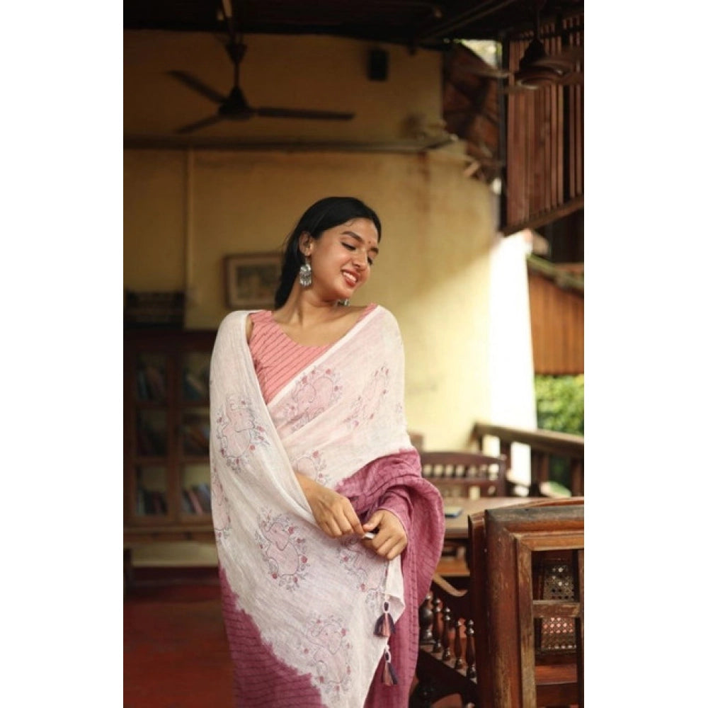 Women's Linen Printed Saree With Unstitched Blouse 5.5Mtr闁?White)