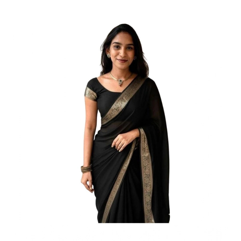 Women's Vichitra Silk Printed Saree With Unstitched Blouse 5.5Mtr闁?Black)