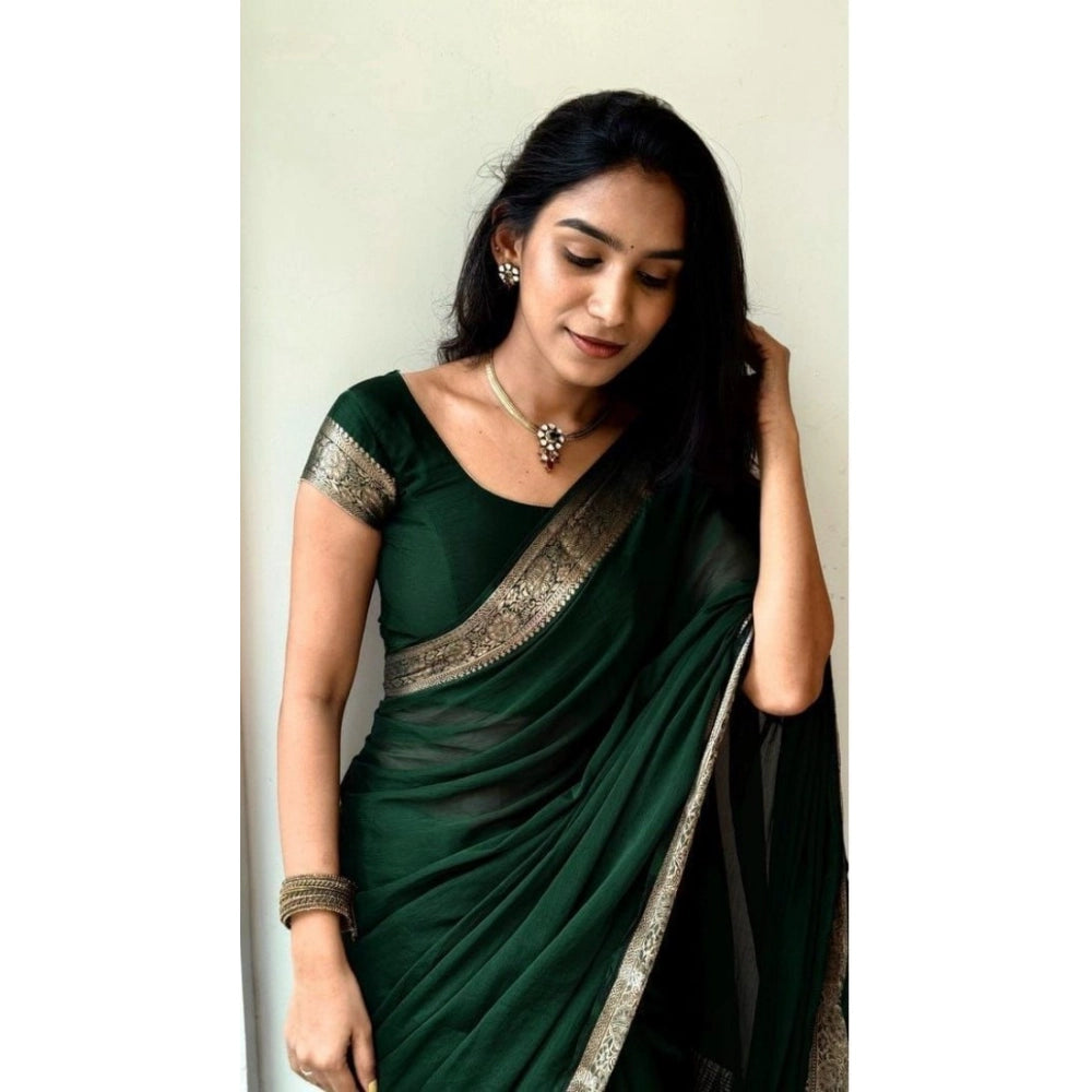 Women's Vichitra Silk Printed Saree With Unstitched Blouse 5.5Mtr闁?Green)